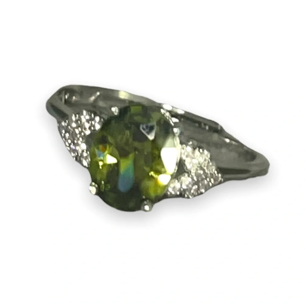 New Sterling Silver Elegant Minimalist Adjustable Peridot & White Sapphire Ring